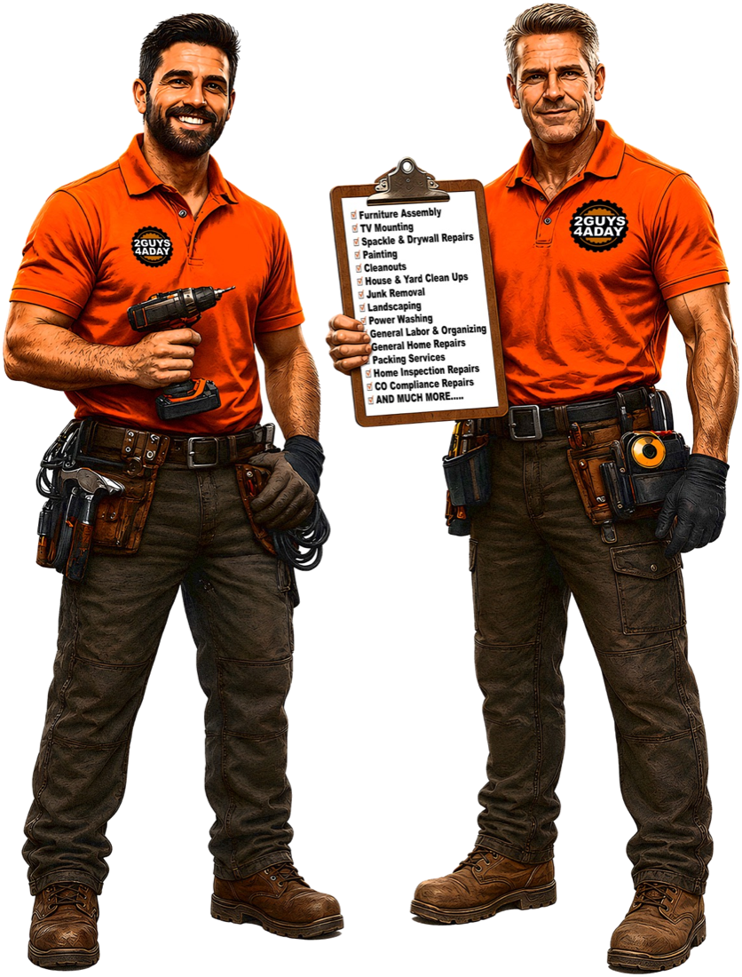 The two-man crew, in uniform with tools and a checklist of services